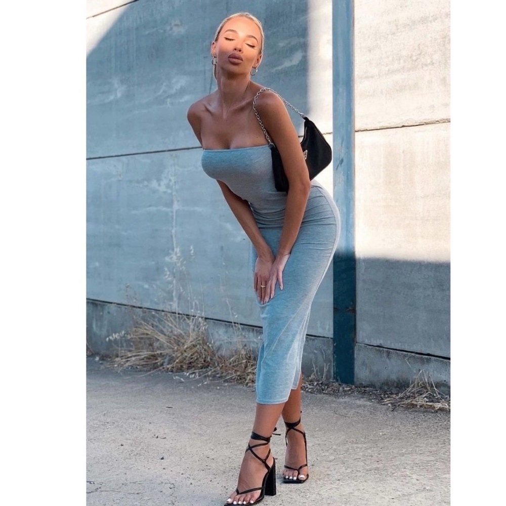 Gray Strapless Bodycon Pencil Midi Dress Sundress - Picture 11 of 12
